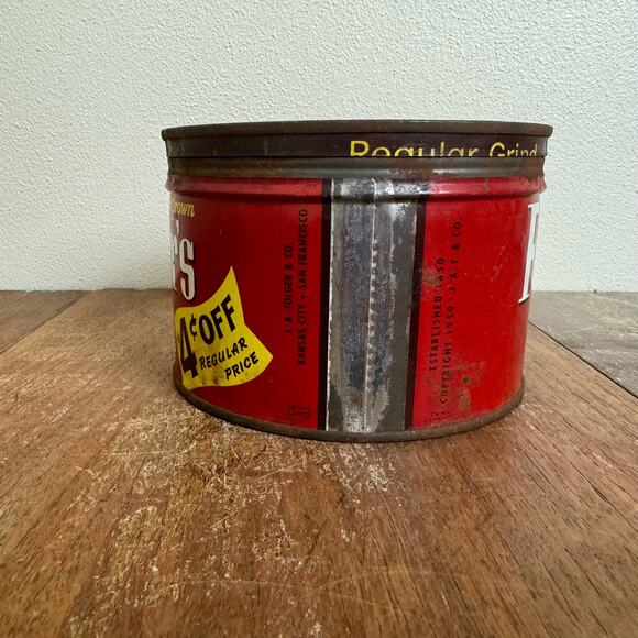 Vintage 1959 Folger's 4 Cents off Coffee Can Tin Metal Short Advertising Decor - Picture 3 of 10